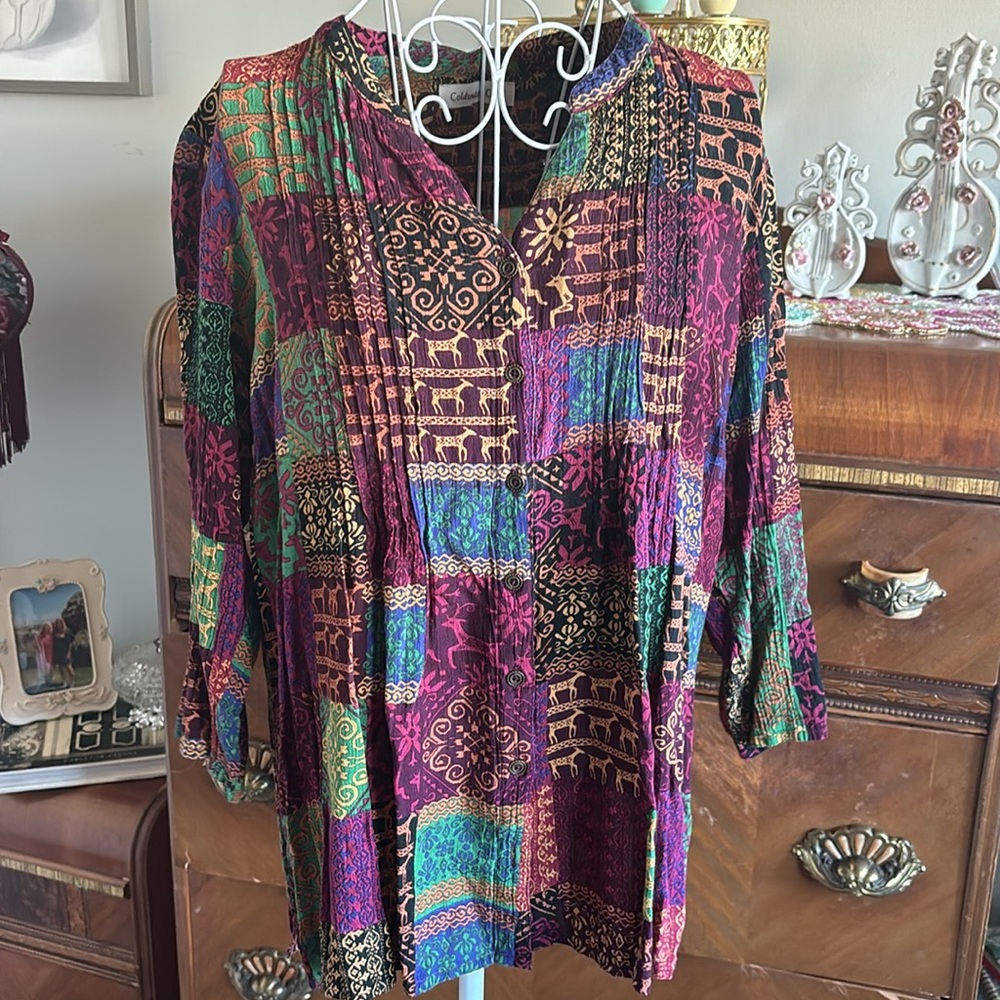 Coldwater Creek Patchwork Button Down Rayon Shirt - image 1